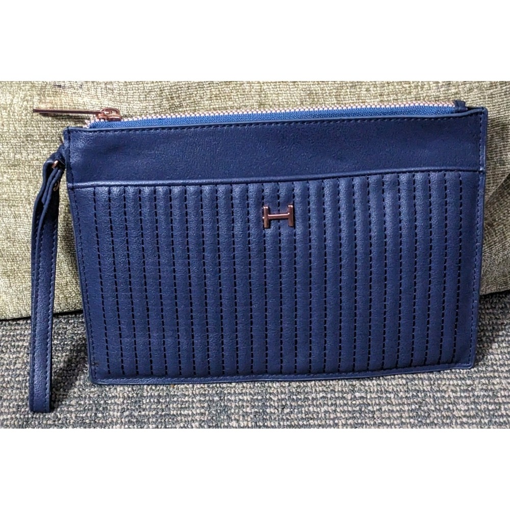 HALSTON Quilted Wristlet Wallet Navy Blue Faux Leather Rose Gold Logo Slots